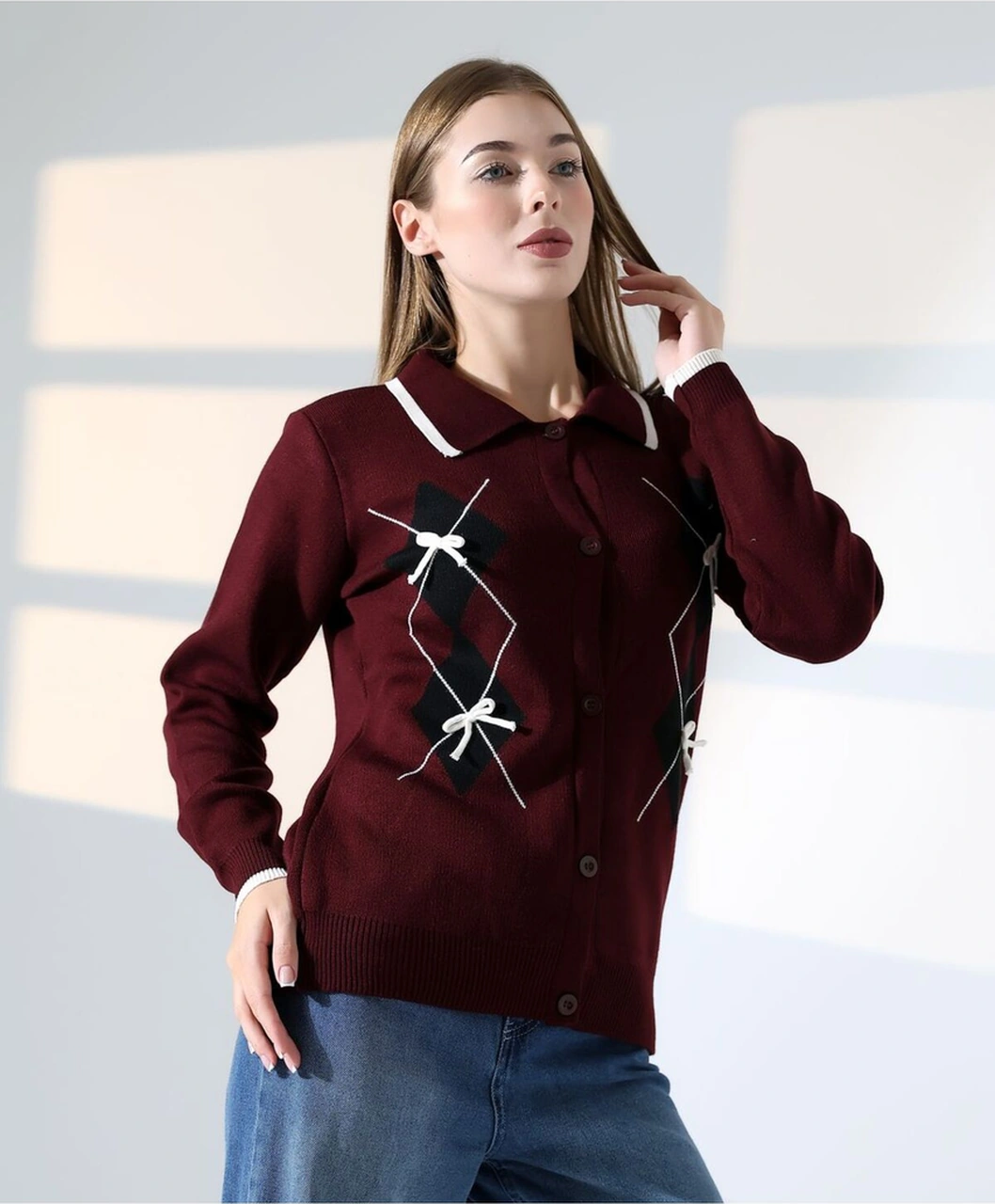 Redmina Fashion Baklava Desen Polo Yaka Kadın Kazak Bordo