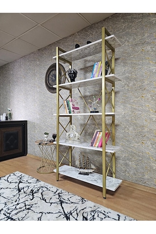 Çıkıntılı Gold Boyalı Kitaplık - 5 Raflı Suntalem Lüks Kitaplık B Çok Renkli