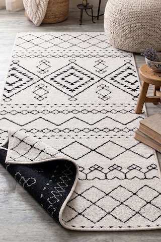 İskandinav Kilim Yıkanabilir Kadife Tuşeli Pamuk Dokuma Yolluk Kaymaz Tabanlı Halı Beyaz