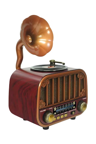 Dexxony Md-1318 Ahşap Tasarım Nostaljik Radyo - Gramofon Dekorlu Şarjlı Bluetooth Hoparlör Seti