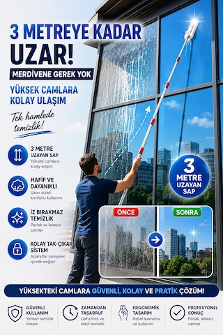 Profesyonel Cam Temizlik Seti 3 Parça - 3 Metre Uzayan Sap + Peluş Aparat + 35 Cm Camsil