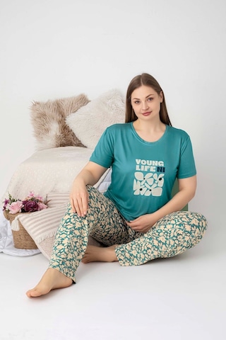 Guava Kadın Bisiklet Yaka Düğmesiz Battal Kesim Viskon Yazlık Kısa Kol Cepli Büyük Beden Pijama Takımı Yeşil