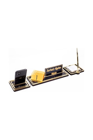 Star Gold Mermer Desen Kalemli Ahşap Masa İsimliği Hediye Masa Seti Ofis Masaüstü İsimlik Organizer
