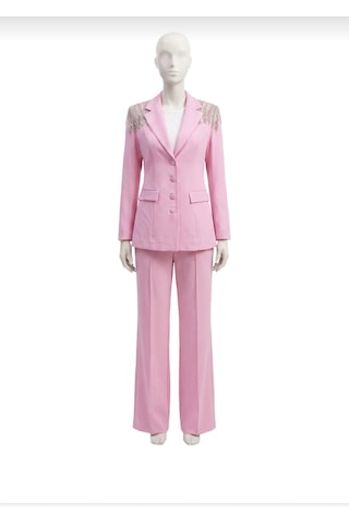 Orvelia Omuz Kristal Saçak Detaylı Pembe Blazer Ceket Ve Pantolon Takım