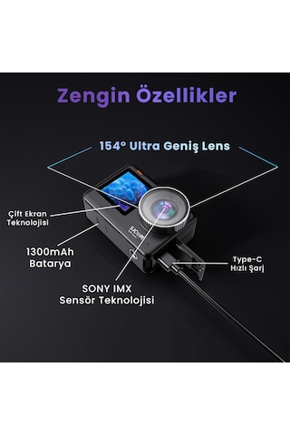 SJCAM SJ11 Active Dual Screen 20MP 5GHz Wi-Fi 4K UHD H.265 Su Geçirmez Kasa 154° 1300mAh Aksiyon Kamerası Siyah