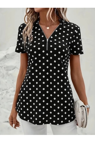 Modasize Kadın Kısa Kollu Yakadan Fermuarlı Puantiyeli Uzun Dokuma Viskon Bluz Siyah
