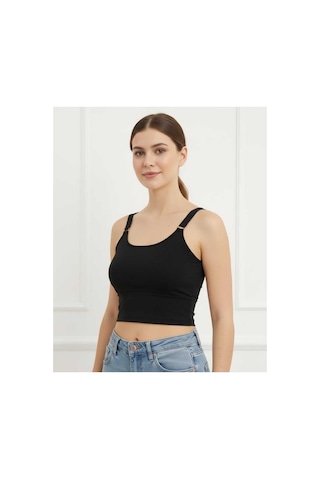 Lucien Vela Basic Siyah Crop Bustiyer Yuvarlak Yaka Sırtı Çapraz Askılı Metal Detaylı Siyah
