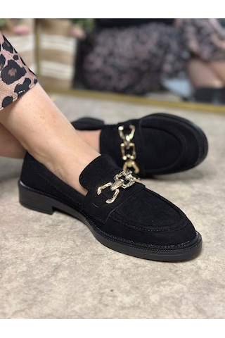 Günlük Kadın Loafer Makosen Klasik Alçak Topuklu Desenli Taban Zincirli Oval Burunlu Ayakkabı 150 Siyah - Süet