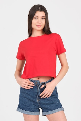 As Collection Kırmızı Bisiklet Yaka Kısa Kol Örme Kadın Crop 001