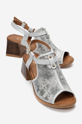 Luvi Shoes Janelle Beyaz Simli Hakiki Deri Kadın Kalın Topuklu Sandalet