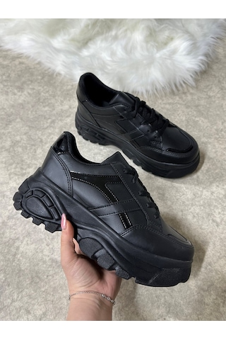 Günlük Kadın Sneaker Kalın Yüksek Taban Bağcıklı Rahat Tiger Şeritli Spor Ayakkabı 032 02 - Siyah Cilt