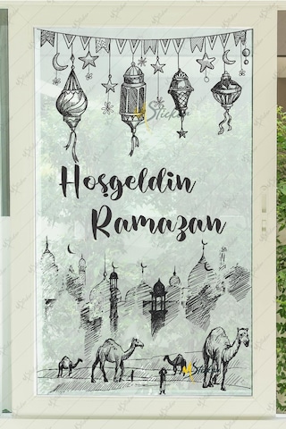Ramazan Ayı Kandiller Ve Medine Figürleri Cam Duvar Dolap Sticker Seti - Hoşgeldin Ramazan Çok Renkli