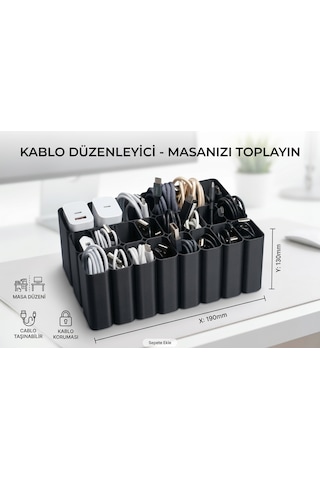 Siyah Kablo Ve Şarj Cihazı Düzenleyici Organizer Çok Bölmeli Masaüstü Kablo Toplayıcı