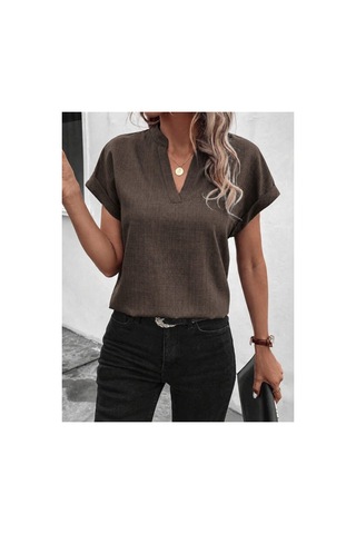 Butik İstanbul Kadın Kısa Kollu Hakim Yaka Sofya Bluz Kahve