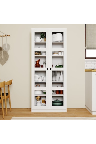 Lucas Cam Kapaklı Vitrin - Büfe - Kitaplık Ve Çok Amaçlı Dolap Ayarlanabilir Raf Beyaz