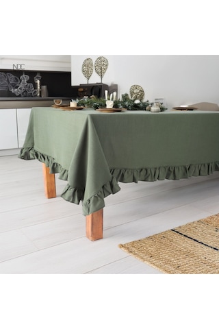 Dnc Home Tekstil Haki Keten Fırfırlı Masa Örtüsü Haki