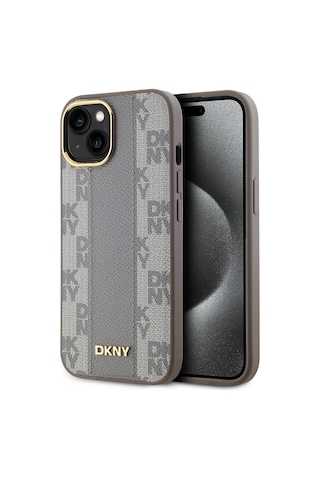 Apple Uyumlu iPhone 15 Kılıf Dkny Lisanslı M-safe Şarj Özellikli 3d Yazılı Checkered Pattern Kapak Krem