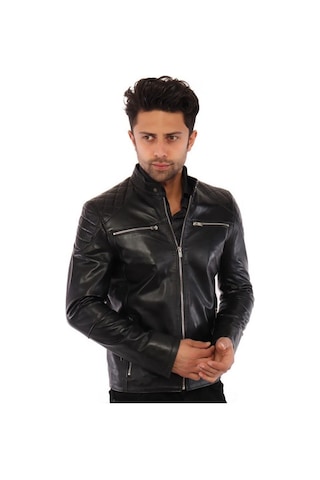 Hakiki Deri Siyah Erkek Deri Mont Omuz Baklava Desenli Koldan Fermuar Detaylı Dört Cepli Deri Ceket Siyah