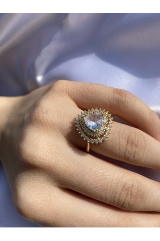 Kalp Charm Yüzük Zirkon Taşlı Gold