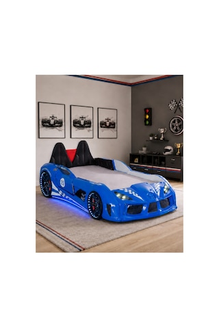 Setay Arabalı Yatak, Raceing Car V8 Full Ledli Koltuklu Arabalı Yatak - Mavi 100x190