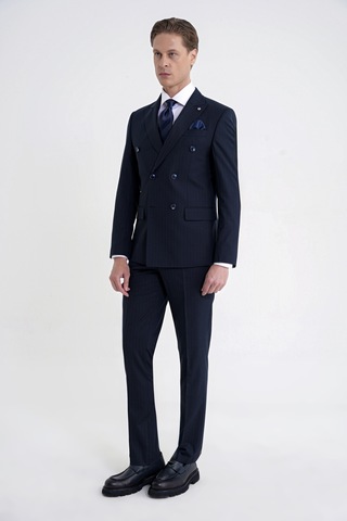 Efor Slim Fit Çift Yırtmaç Esnek Silik Çizgili Lacivert Kruvaze Takım Elbise Tk 946
