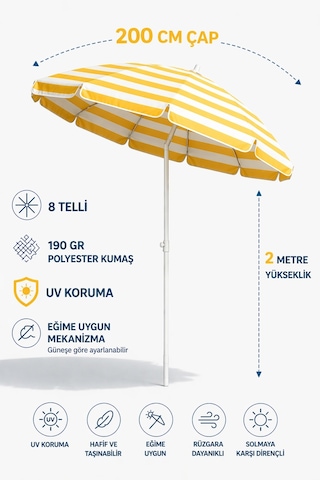 8 Telli - 200 Cm Plaj Şemsiyesi, Bahçe Şemsiyesi, Balkon Şemsiyesi, Eğilebilen Şemsiye Sarı - Beyaz
