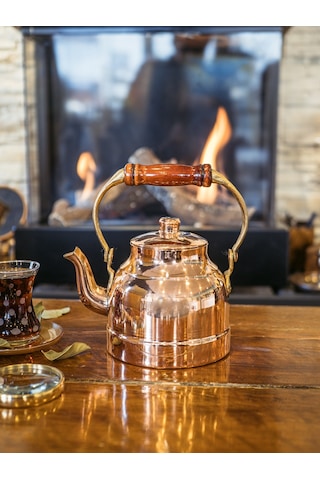 Bakır Demlik Modern Model Ahşamp Kulp Bakır Renk Oksitli Bakır