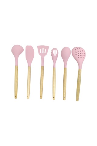 Ivory Doğal Bambu Saplı %100 Silikon Mutfak Seti 6 Parça Pembe Pembe