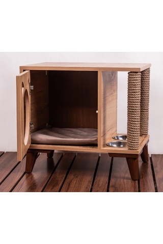 Tahta Karınca Minimalist Tırmanma Halatlı Mobilya Kedi Evi + Mama Kabı