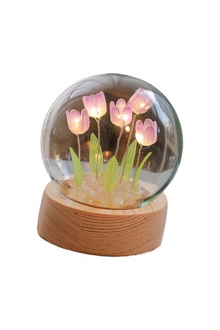 Shineyee Purple Tulip Mini Led Night Light - Dıy Wooden Glass Flower Shape, Soft Lighting, Bedroom Decoration, Creative Gift Set With Built-in Battery Mor