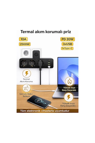 Termal Akım Korumalı 3 Priz / 3 Usb / 1 Typec 20w Girişli 2500w Duvar Tipi 3 Lü Priz
