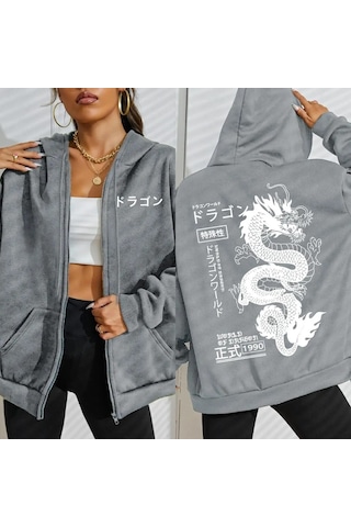 Tarzsokak Dünya Ejderha Özel 1990 Desen Kadın Fermuarlı Kapüşonlu Kıyafet Trendy Polar Hoody Rahat Sonb Gri