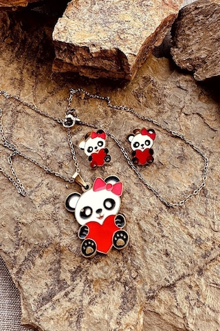 Kalpli Panda Model Mineli Gold Altın Renk Paslanmaz Çelik Kolye Küpe Set