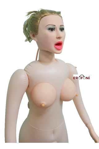 Erofoni Sarı Saçlı 3D Yüz Büyük Boy Sesli Titreşimli Süper Realistik 3 İşlevli Şişme Bebek Kadın Manken