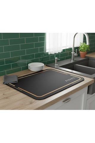 Nobera Premium Dekoratif Bulaşık Kurutma Matı 50x40 Cm Süper Emici, Kaydırmaz Kauçuk Tabanlı Ve Tezgah Koruyucu Altlık Altın - Siyah