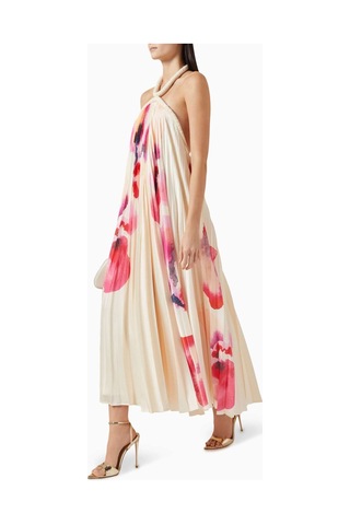 Acler Fixby Şifon Maxi Elbise - Orkide Deseni - %100 Polyester - Halter Yaka Krem
