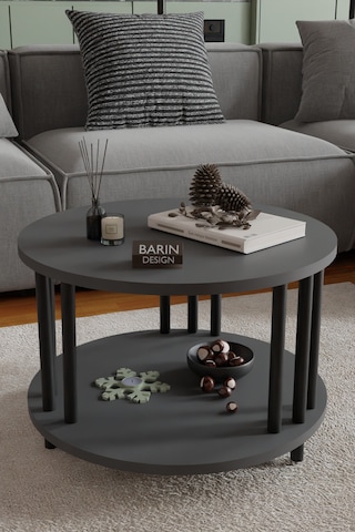 Modern Yuvarlak Orta Sehpa Çift Katlı Siyah Metal Ayaklı Salon, Ofis, Dekoratif Masa Antrasit