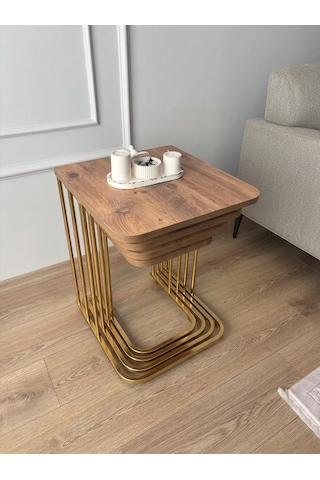 4 Lü Tekerlekli Zigon Sehpa Gold Çam