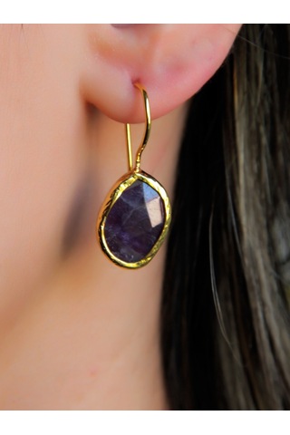 Doğal Taş Ametist Taşı Kadın Doğal Taşlı Küpe Gold Euku3ag Mor