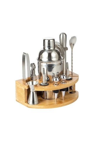 Pazly By-f12 Yarım Daire Ahşap Tabanlı Bar Shaker Seti 700ml Paslanmaz Çelik Bambu Ergonomik Şarap Barmen Ürünü