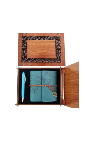Ahşap Kutulu Mavi Deri Defter Kalem Seti 1 Adet