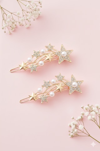 Yıldız Şekilli İnci Detaylı Metal Toka, Metal Klipsli Yıldız İnci Toka 2 Adet Altın