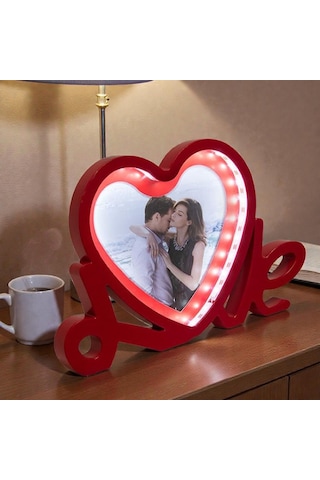 Love Yazılı Led Işıklı Kişiye Özel Fotoğraflı Sihirli Ayna Kırmızı-beyaz Sevgiliye Hediye Kırmızı