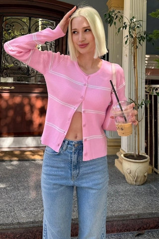 Madmext Pembe Çizgili Kadın Triko Hırka Mg2481 Pembe