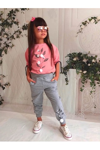 Quzucuk Kids Kız Çocuk Pamuk Figürlü Pembe Eşofman Takımı Pembe