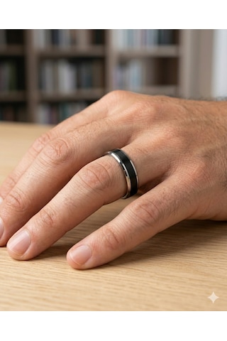 Erkek Siyah Renk Gümüş Detay 6 Mm Tungsten Yüzük
