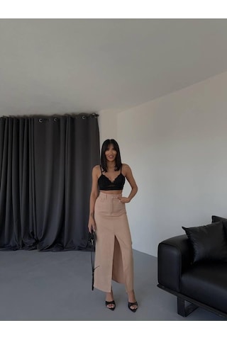 Dogutrend Gabardin Uzun Önden Yırtmaçlı Etek - Kahverengi