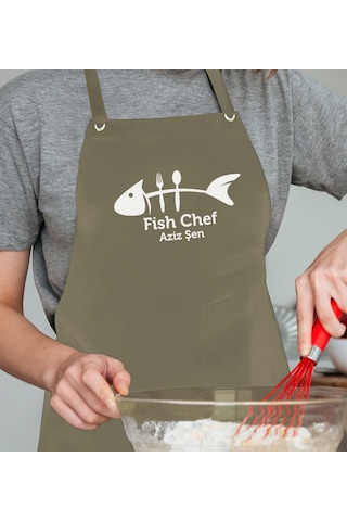 Bk Gift Kişiye Özel Balık Şef Haki Yeşil Profosyonel Önlük - 1, Aşçı Önlüğü, Şef Önlüğü, Babaya