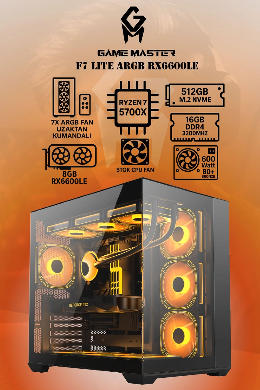 Game Master F7 Lite R7-5700X 16 GB 512 GB RX6600LE Dos Masaüstü Oyuncu Bilgisayarı