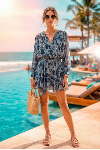 Fashion Cocktail Yapraklar Desenli Lifli Şifon Dökümlü Katlı Uçuşan Fiyonklu Mini Yazlık Romance Elbise Lacivert